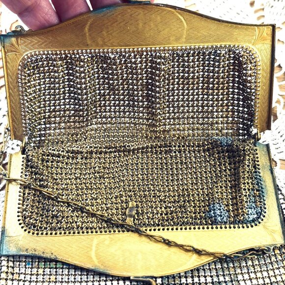 Antique Whiting & Davis Mesh Purse c1915–1925 Enamel Lyre Motif Metal Mesh Eveni - Picture 5 of 16
